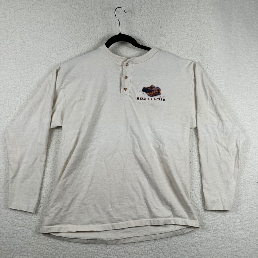 Vtg Cotton Deluxe Hike Glacier Henley Shirt Mens Large Cream Long Sleeve USA